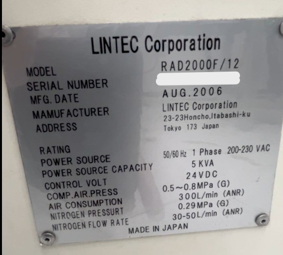 Used 2006 Lintec 2000F/12 wafer mounter