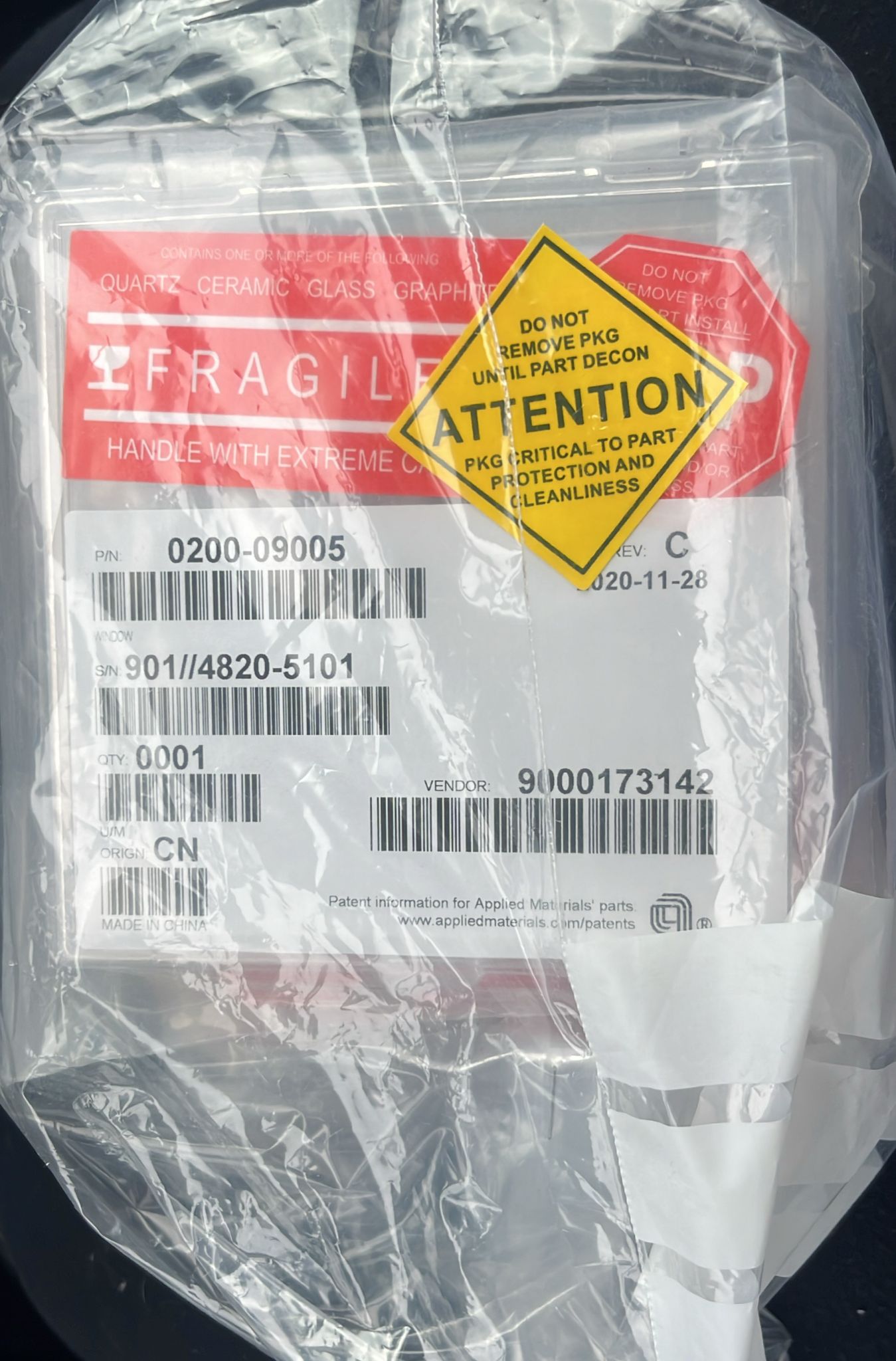 Used Applied Materials AMAT 0200-09005 WINDOW QZ