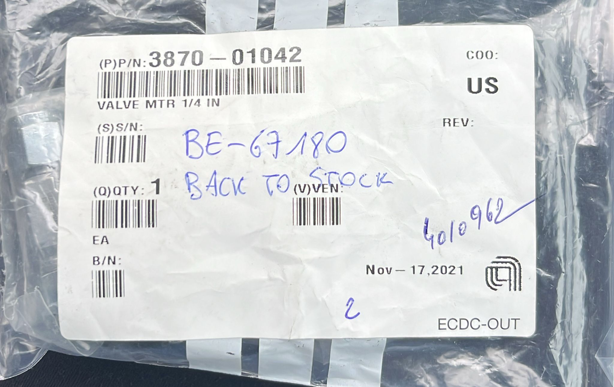 Used Applied Materials AMAT 3870-01042 NEEDLE VALVE TURBO PURGE AMAT4D