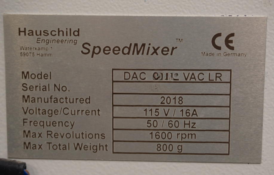 Used 2018 Hauschild SpeedMixer (Flacktek) DAC800.2 VAC LR Planetary Mixer