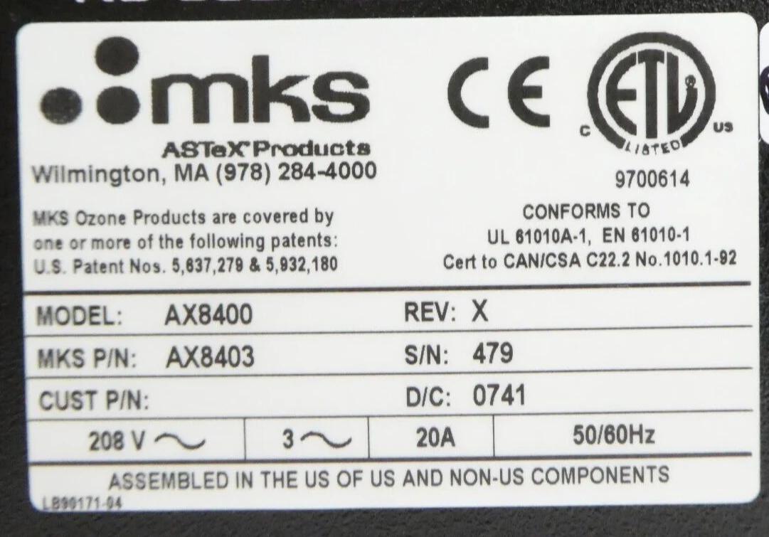 Used MKS AX8400 MKS Instruments AX8403 Ozone Generator ASTeX AMAT Refurbished