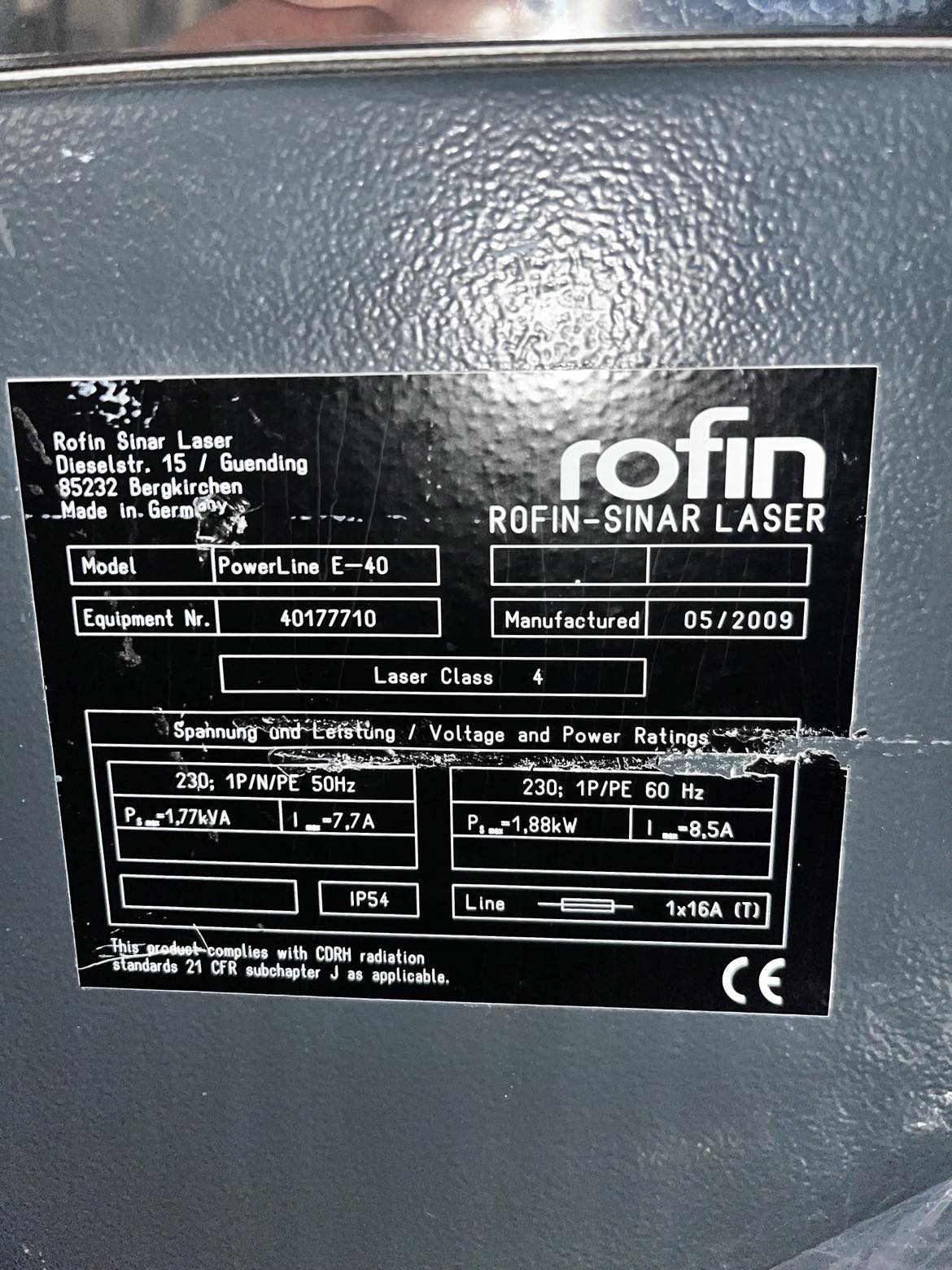 Used 2009 Rofin Sinar Powerline E40 IC Laser Assembly with Power Supply Powerline E-40
