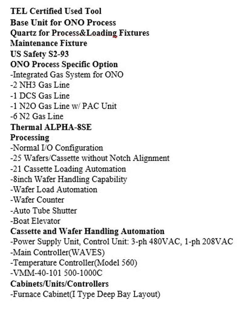 Used 2000 TEL Tokyo Electron Alpha 8SE-Z Refurbished Diffusion Vertical Furnaces