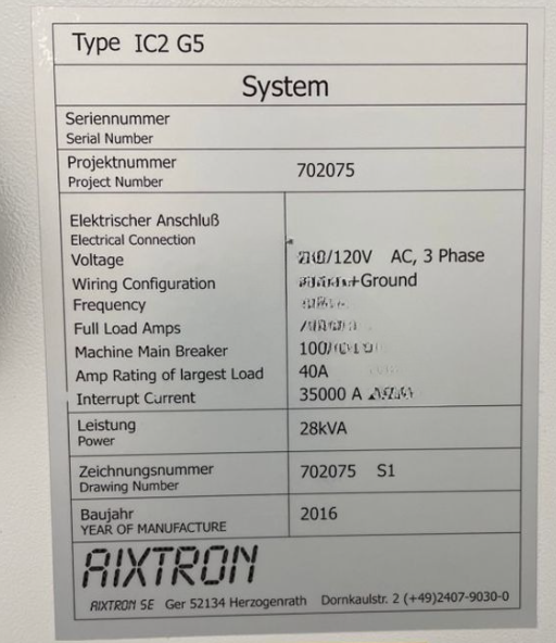 Used 2016 Aixtron IC2 G5