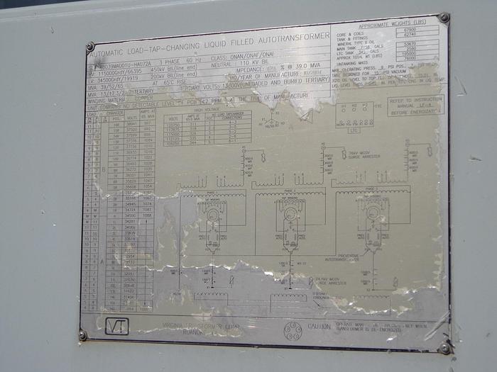 Surplus 2007 VIRGINIA TRANSFORMER 39/52/65 MVA Transformer with Load Tap Changing