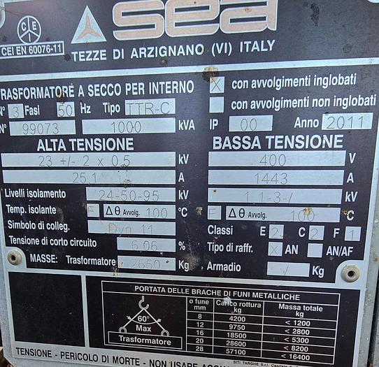 Usato 2011 Trasformatore elettrico, SEA  TTR-C - 1.000 Kva