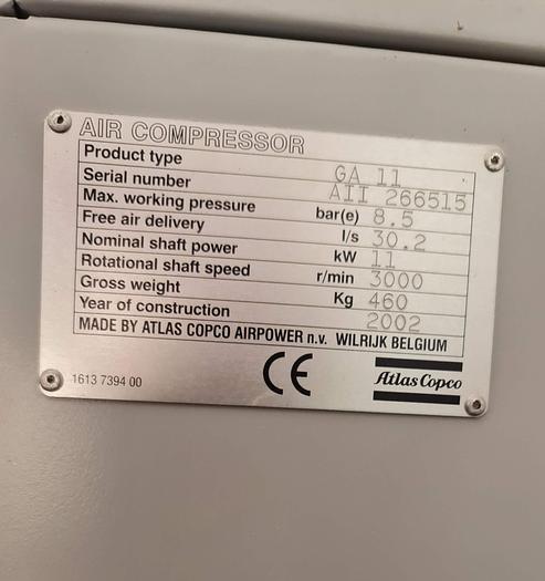 Usato Compressore Rotativo a vite, Atlas Copco Ga 11 + Essiccatore refrigerato FD30