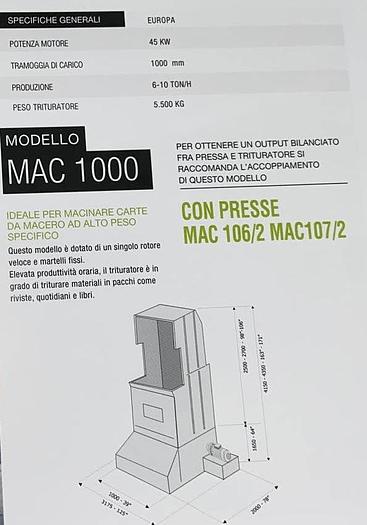 Usato Trituratore monoalbero per Carta, MACPRESSE modello MAC 1000 + Nastro di carico