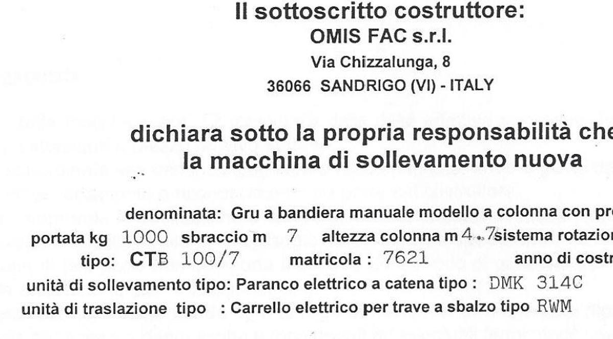 Usato 1996 Gru a bandiera OMIS FAC srl CT/B 1000KG - Jib crane