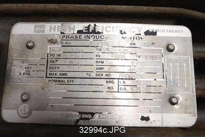 Used Toshiba B0504FLF10K 50Hp, 1750RPM, 575Volts AC Motor #32994