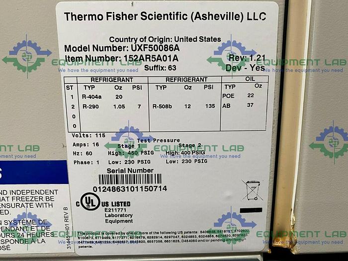 Used Thermo Scientific Revco UXF50086A -86 ºC Laboratory Freezer 24.1 Cu Ft 115V