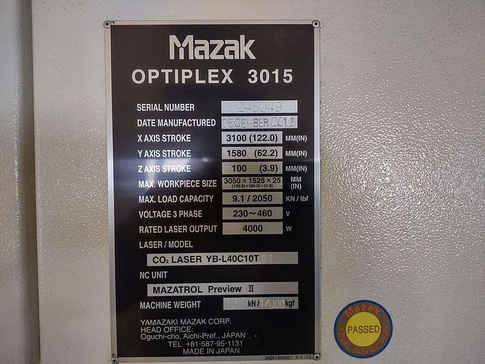 Used 2012 MAZAK OPTIPLEX 3015 4000W CO2 Laser