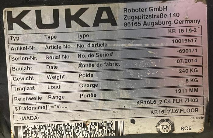 Used KUKA KR 16 L6-2 6 AXIS ROBOT 6KG X 1911MM H-REACH WITH KRC4 CONTROLLER