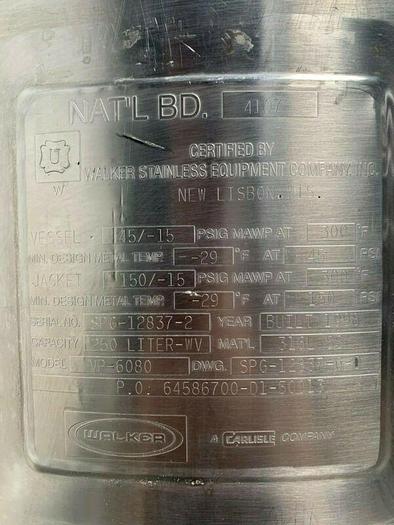Used Walker 250 Liter Stainless Steel Jacketed Reactor 45 PSI -  No Mixer