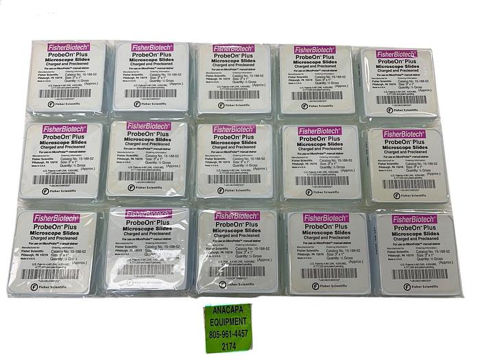 Used FisherBiotech 15-188-52 ProbeOn Plus Microscope Slides  3&#034; x 1&#034; Lot of 15 (2174)