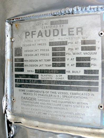 Used Pfaudler 300 Gallon Stainless Steel & Glass Lined Jacketed Reactor w/ Top Mixer