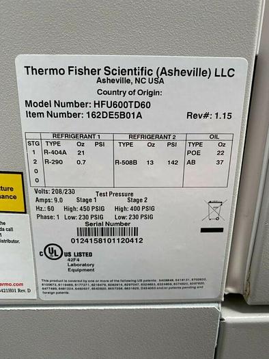 Used Thermo Scientific HERAFreeze HFU600TD60 -86° Laboratory Freezer 28.8 CU FT 230V