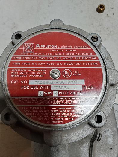 Used Appleton FSQX3034-100, Receptacle Interlock Hazard Location Device