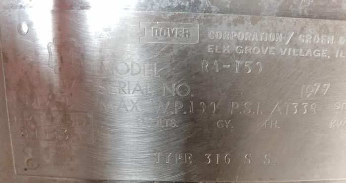 Used GROEN 150 GAL DIRECT STEAM KETTLE w/ SINGLE AGITATION, SCRAPE SURFACE, DOUBLE BAFFLES (798C).