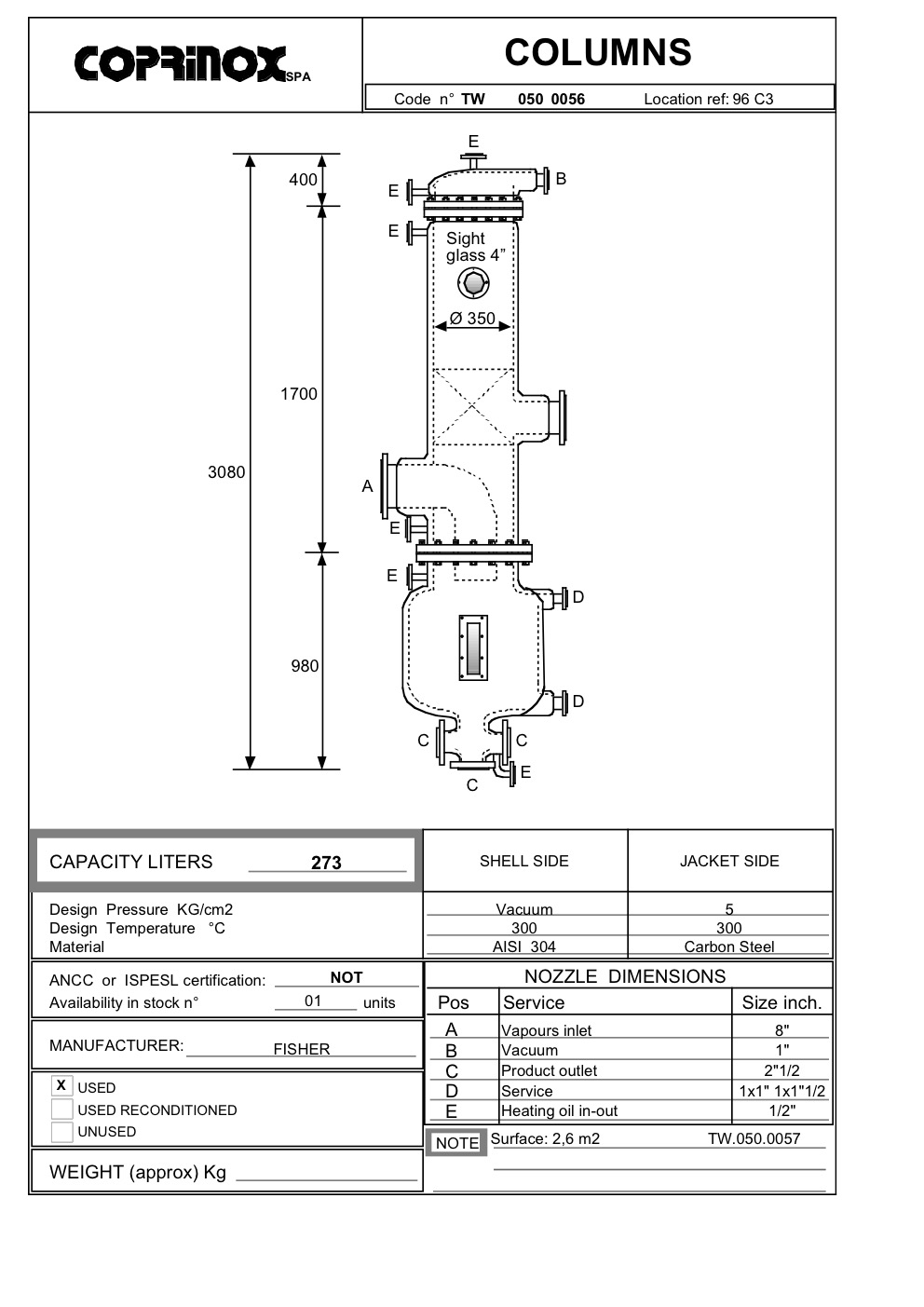 Usato Colonna per separazione, 273 litri