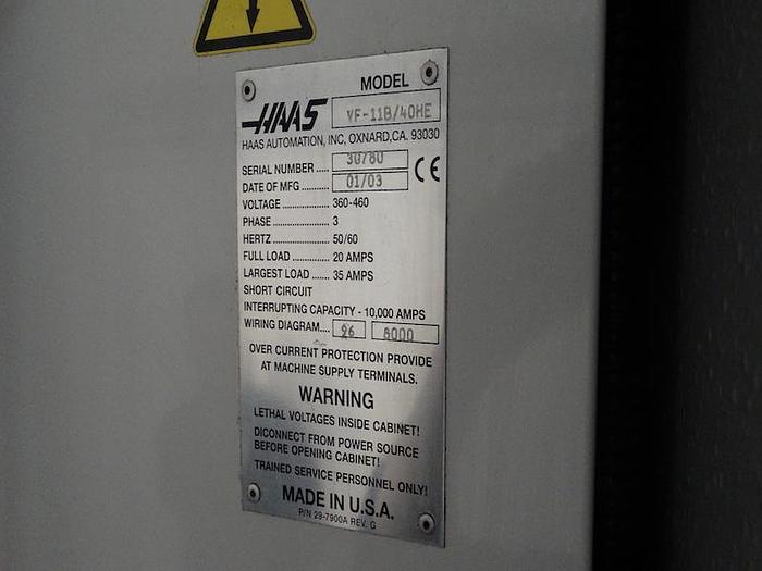 Brugt BRUGT VERTIKALT BEARBEJDNINGSCENTER, FABRIKAT HAAS, MODEL VF 11B/40HE - ÅRGANG 2003