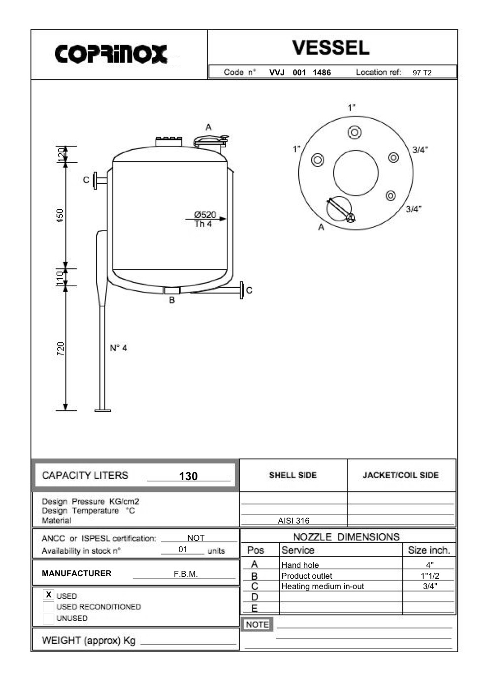 Used Tank F.B.M. from 130 Liters