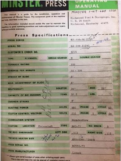 Used 1975 MINSTER E2-300-96-42