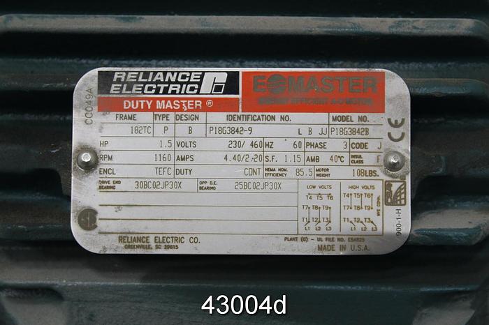 Unused Reliance 1.5 Hp A/C Motor, 1160 Rpm, 230/460 Volts #43004