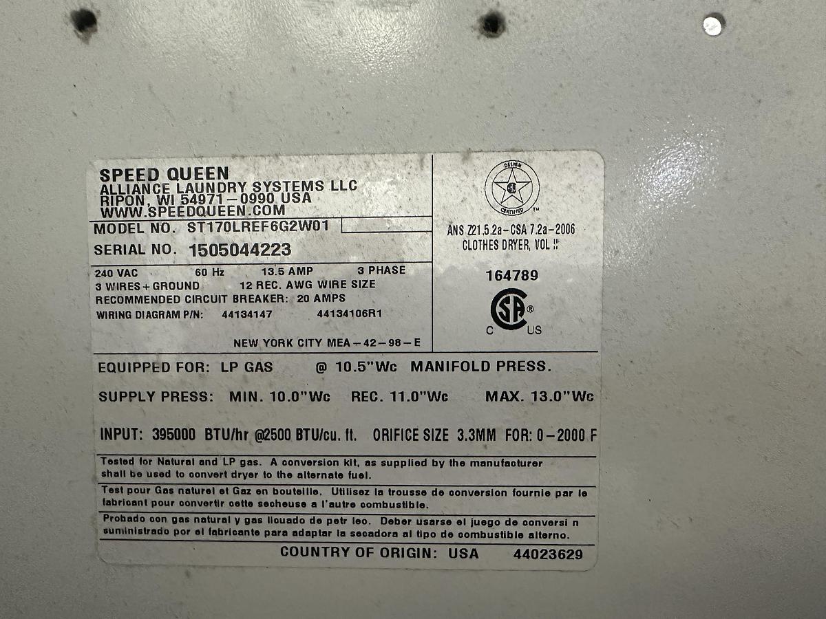 Used 2015 SPEED QUEEN ST170 LP GAS DRYER