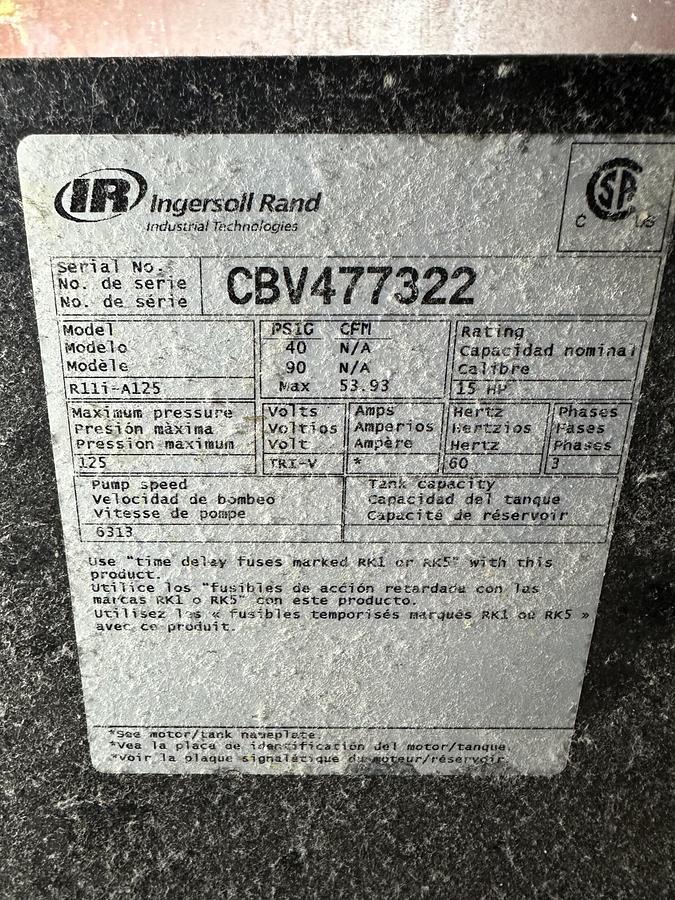 Used INGERSOLL RAND 15HP AIR COMPRESSOR
