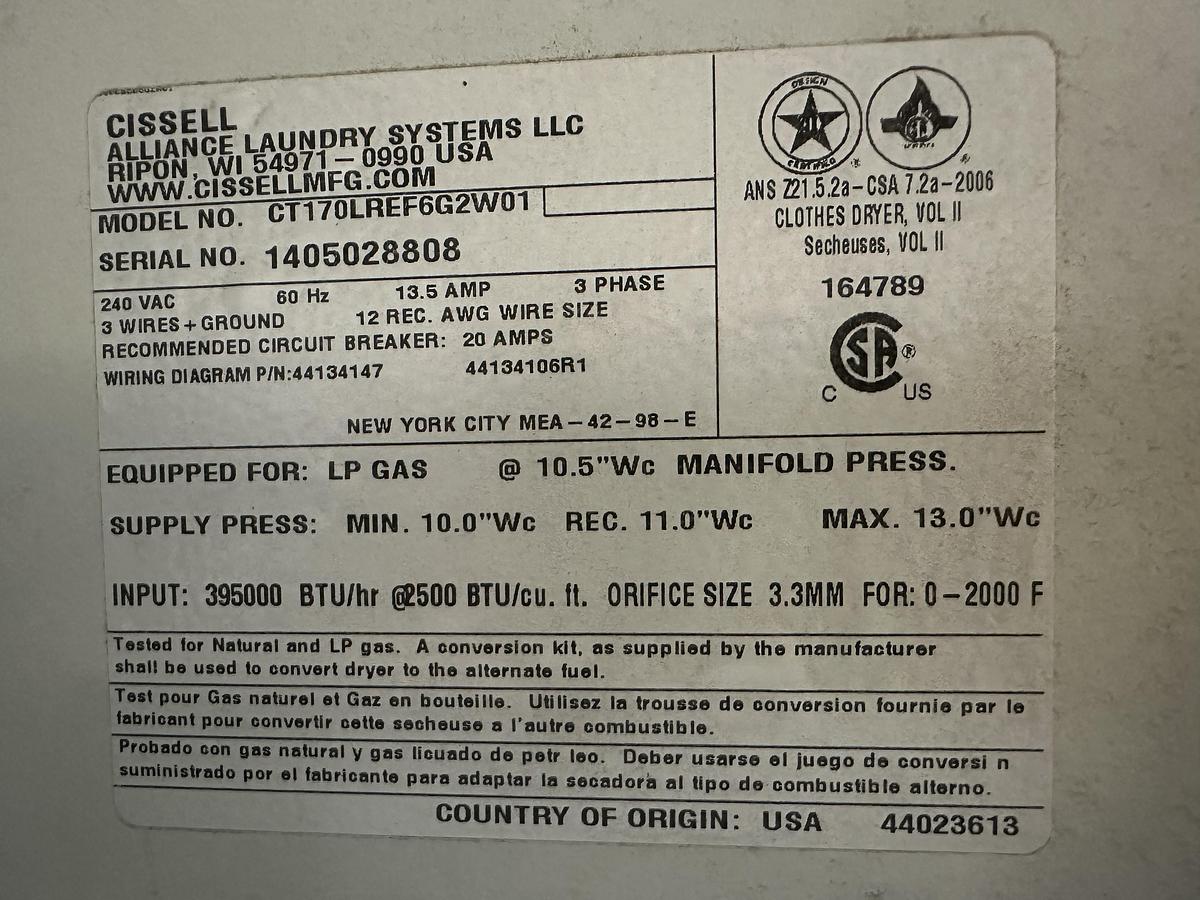 Used 2014 CISSELL CT170 GAS DRYER