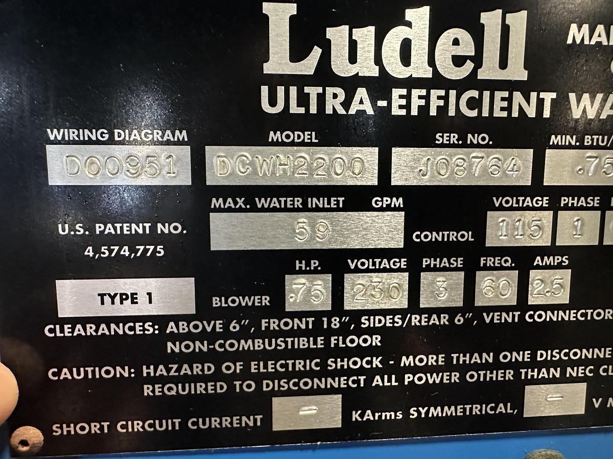 Used Ludell 2.2mmBTU Water Heater w/tank