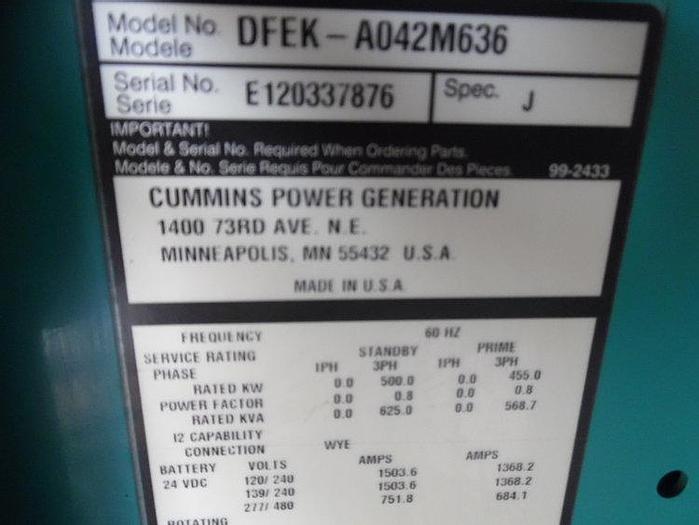 Used 2012 Cummins 500kw Generator