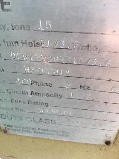 Used Yale 15 Ton Electric Chain Hoist w/ power trolley speed control DEW15X29RT11/3