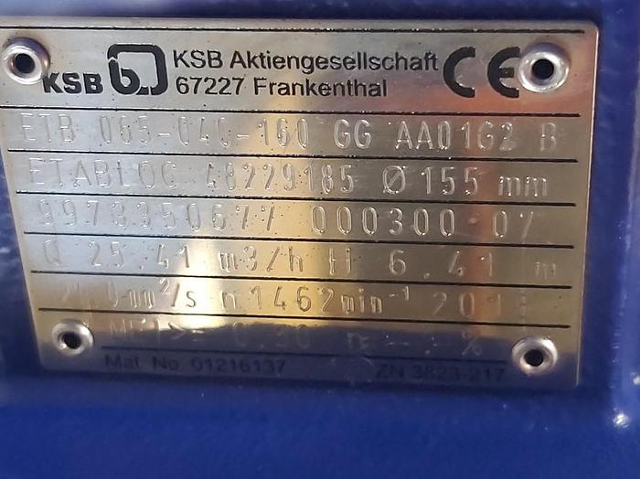 Spiralblockpumpe Etabloc, ETB 065 040 140 GG AA01G2 B, 25,4m³, 6,4m, KSB, neu -45%