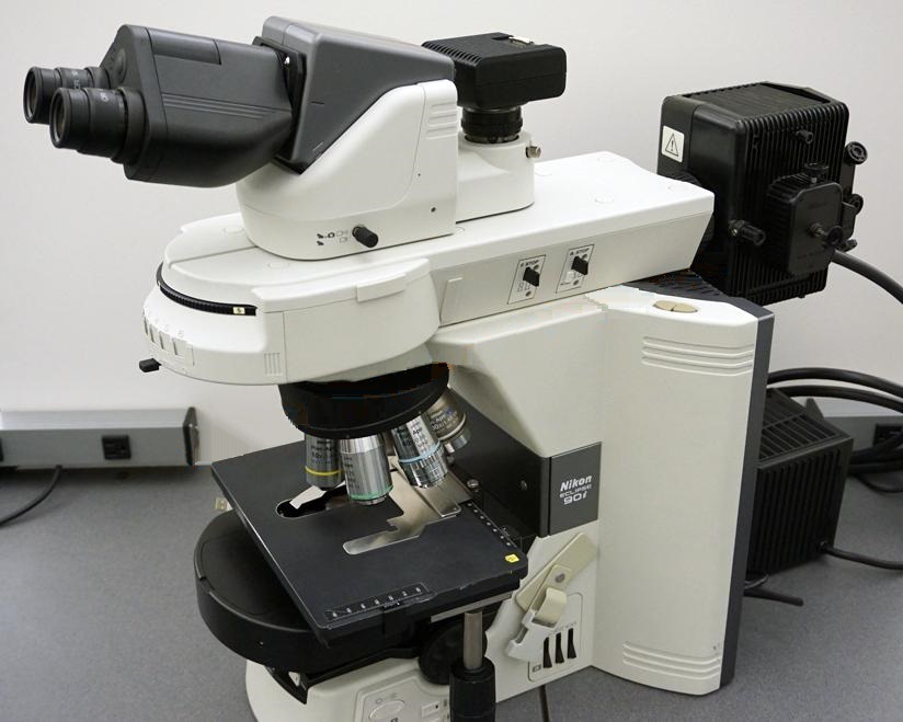 Used Nikon Eclipse 90i microscope configured for brightfield, DIC, fluorescence