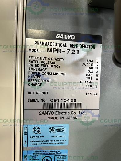 Used Sanyo  MPR-721 Large Capacity Pharmaceutical +4°C Refrigerator  115V 24.2 Cu. Ft.