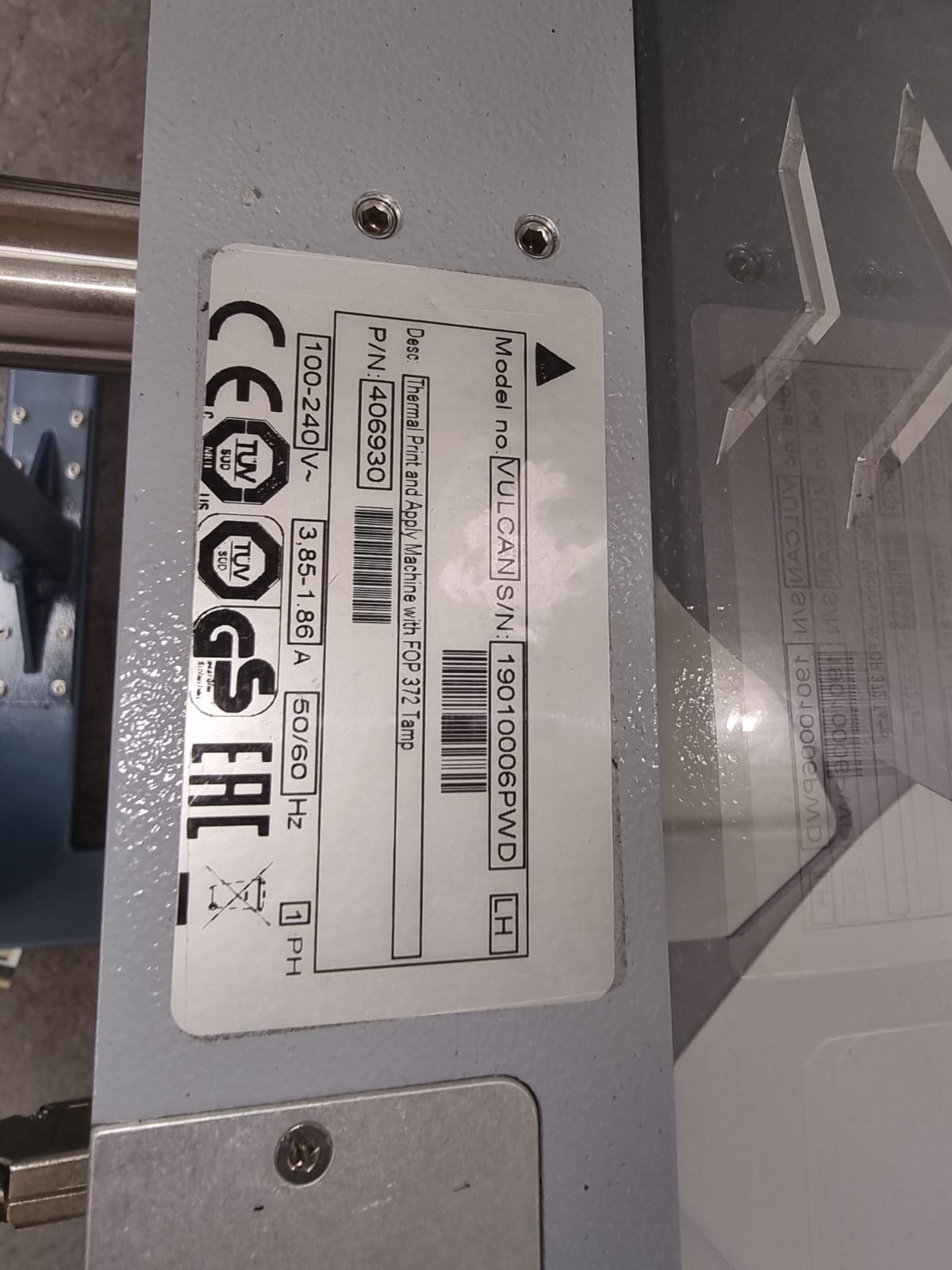 Used ICE Vulcan Print and Apply labeller