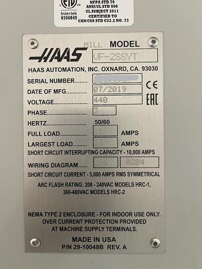 Used 2019 HAAS VF-2SSYT 5-Axis CNC Vertical Machining Center