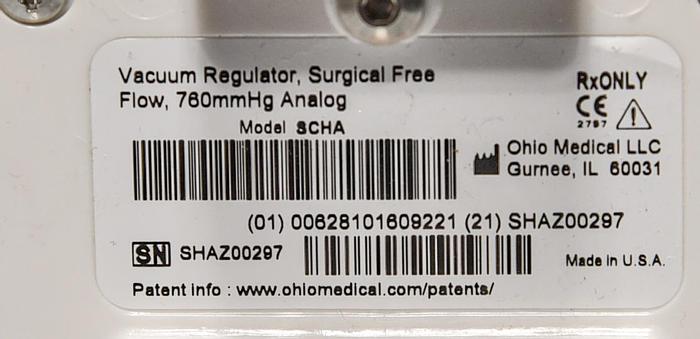 Ohio Medical Vacuum Regulator, Surgical Free Flow, 760mmHg Analog Model SCHA