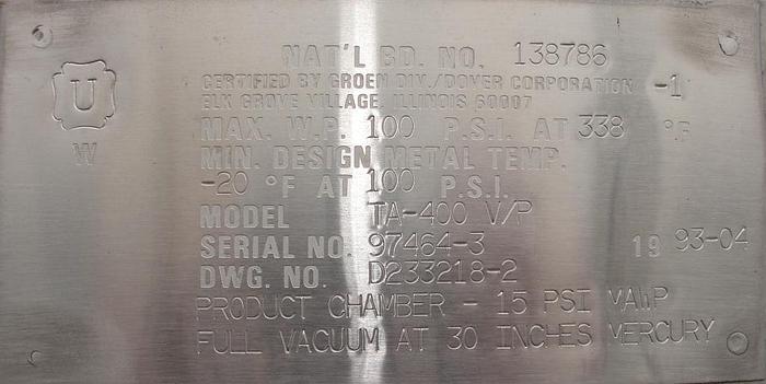 Used 400 GALLON GROEN VACUUM KETTLE - 316L S/S - 100 PSI JACKET