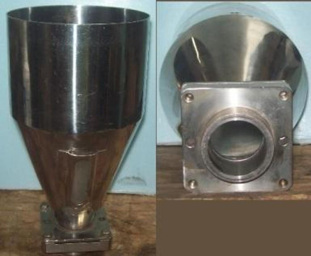 Used MANUFACTURE UNKNOWN STAINLESS STEEL HOPPER MAYBE A FLUID BED HOPPER. WITH SITE GLASS. 5.5" DIA. TOP