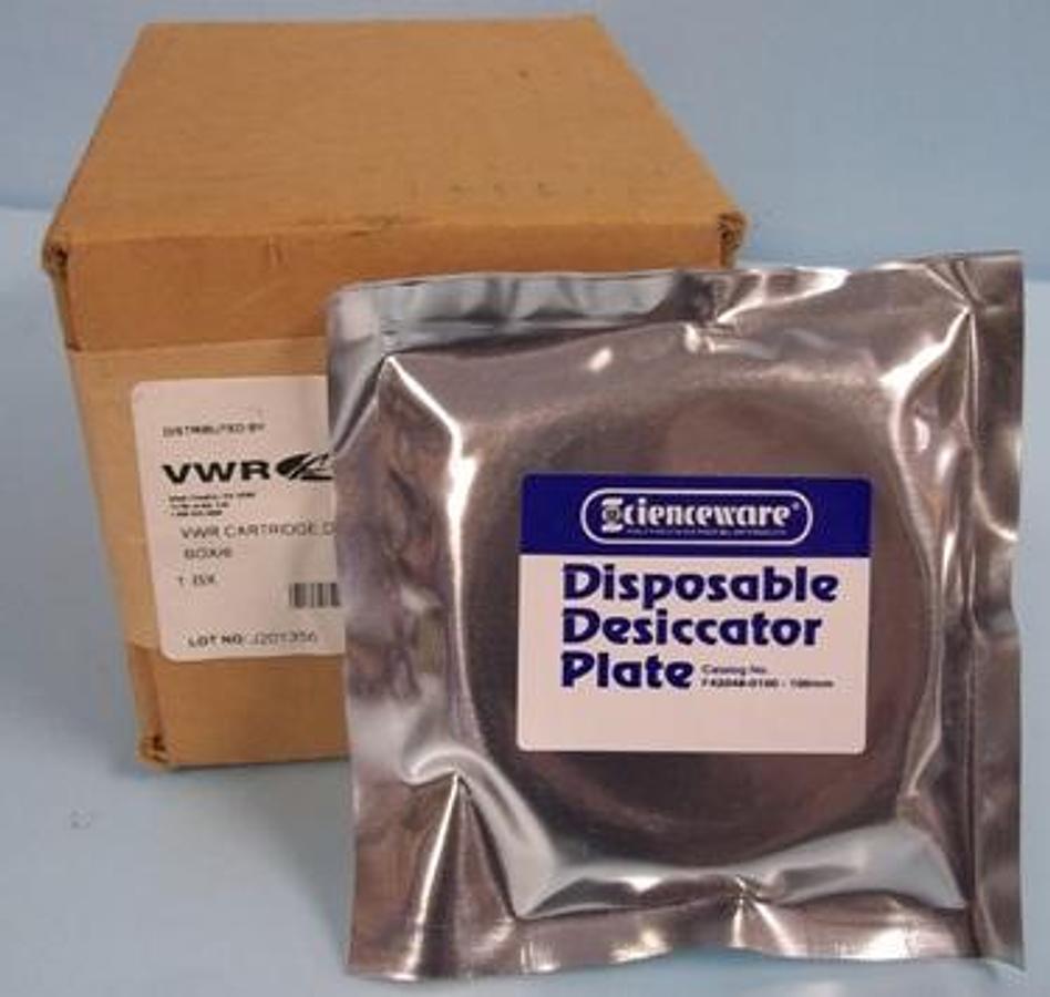 Used QTY. 1. BOX OF 6. VWR DISPOSABLE DESICCATOR PLATES (SCIENCEWARE) CAT# F42048-0100-100MM.