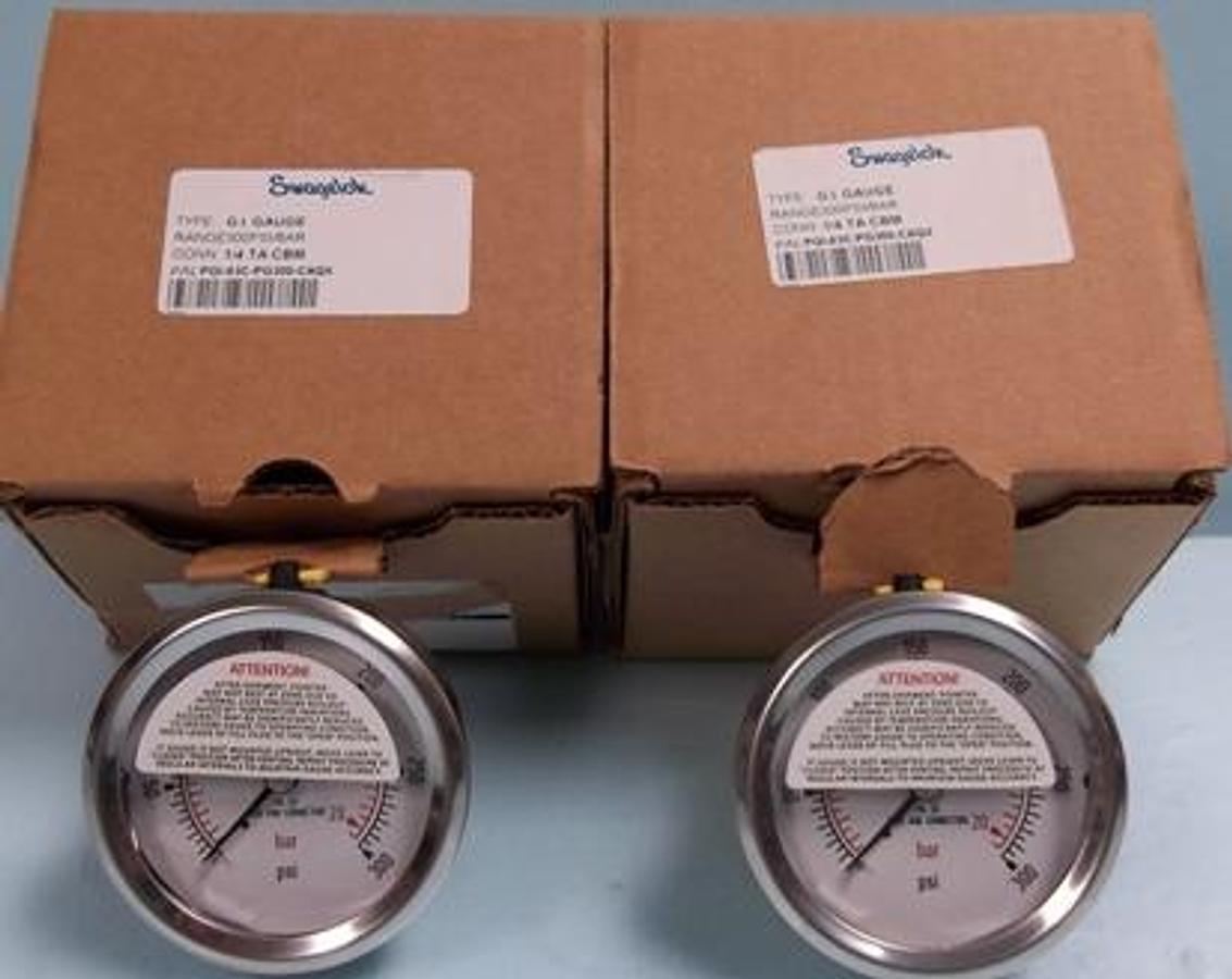 Used QTY. 2. SWAGELOK TYPE: G.I. GAUGE RANGE: 300 PSI/BAR CONN: ¼" TA CBM P/N: PGI-63C-PG300-CAQX 2315 50274015.