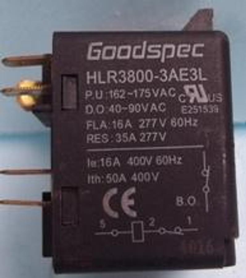 Used QTY. 1. GOODSPEC HLR3800-3AE3L P.U.: 162~175VAC D.O.: 40~90VAC FLA: 16A 277V 60HZ RES: 35A 277V LE: 16A 400V 60HZ ITH: 50A 400V C US E251539 CE. .