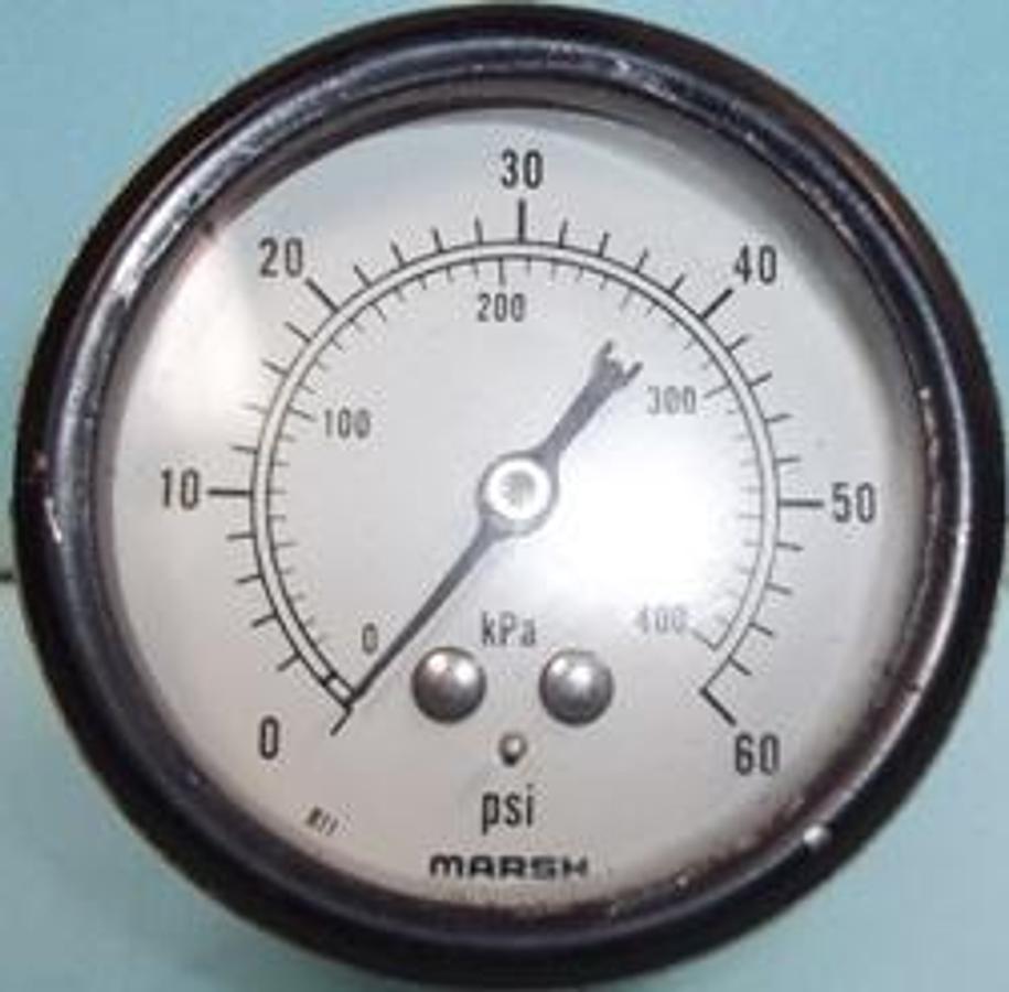 Used QTY. 1. MARSH PRESSURE GAUGE READING 0-60 PSI 0-400 KPA B11.