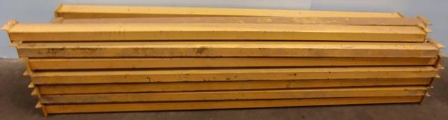 Used PALLET BEAMS 98 ¾" X 4 1/8" YELLOW L BRACKETT 2 SLOTTED HOLE 2 SQUARE HOLE 2 OPEN RECTANGULAR SLOT AT TOP OF BRACKETT BEND 1 SQUARE HOLE AT END.