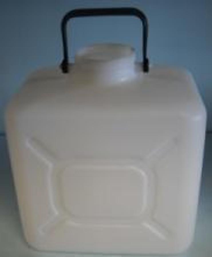Used 10 LITER PLASTIC CANISTER WITH HANDLES W/OUT TOP.