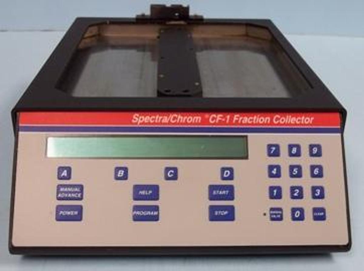 Used SPECTRCHROM CF-1 FRACTIONAL COLLECTOR 14 VAC 1.43A NO CORDS MISSING PARTS.