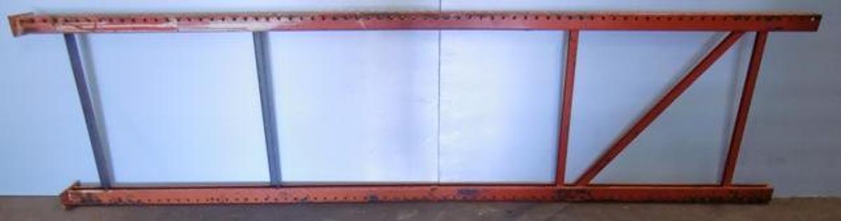 Used PALLET RACKS 120 3/8" X 36" X 3" RED RECTANGULAR FOOTED 288 TEARDROP RACK BEAM HOLES.